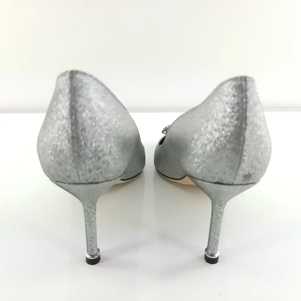 Manolo Blahnik Metallic Silver Hangisi 80 mm Notturno SZ 38 Pointy Glitter $1085